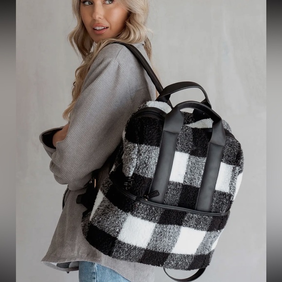 Handbags - Buffalo Plaid Black and White Sherpa Women's Backpack